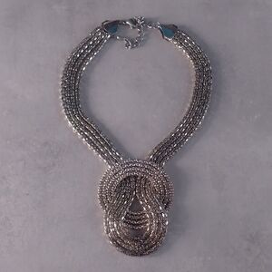 ✨ Vintage 1980s 4-Strand Woven Chain Knot Necklace, Metallic Silver